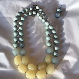 Yellow and Light Blue Beaded Necklace & Earrings!!
